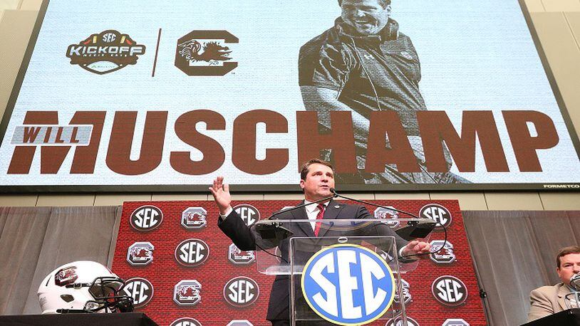 South Carolina head coach Will Muschamp holds his SEC Media Days press conference at the College Football Hall of Fame on Thursday, July 19, 2018, in Atlanta, Ga. (Curtis Compton/Atlanta Journal-Constitution/TNS)