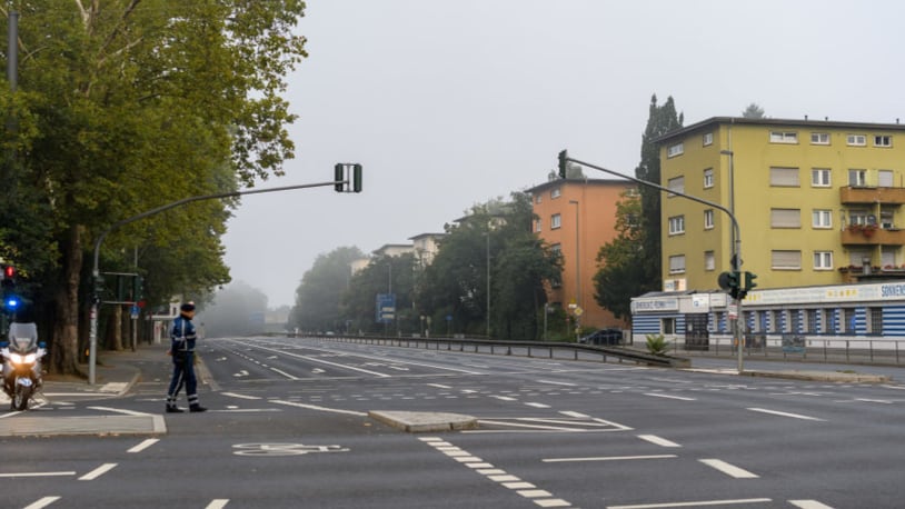 The streets of central Frankfurt were empty Sunday as officials prepared to evacuate.