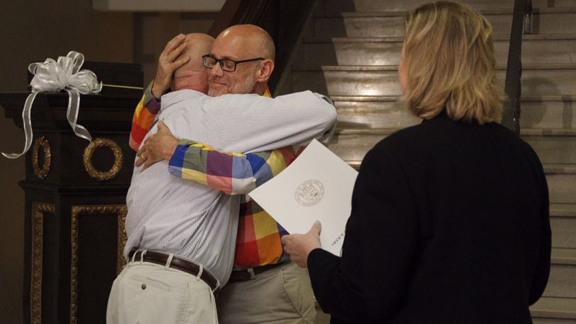 Mayor Nan Whaley performed the first gay marriage at Dayton City Hall Friday morning, June 26, 2015, after the U.S. Supreme Court ruled same-sex couples have a constitutional right to marry.
