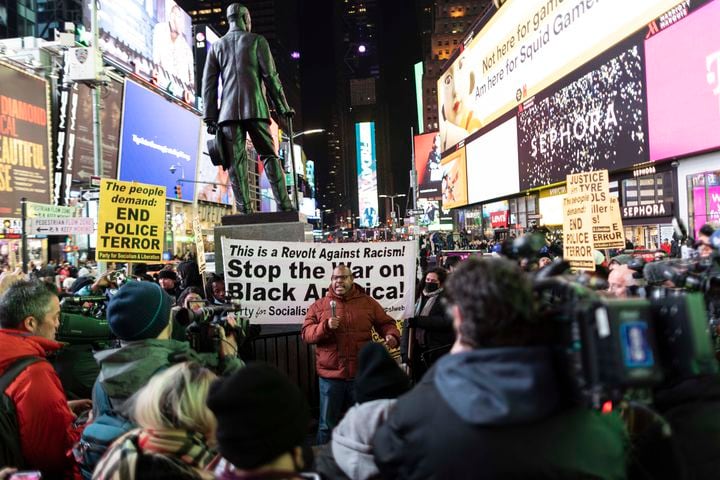 People demonstrate after the release of video of the death of Tyre Nichols, at Times Square in New York, on Friday, Jan. 27, 2023. (Ahmed Gaber The New York Times)