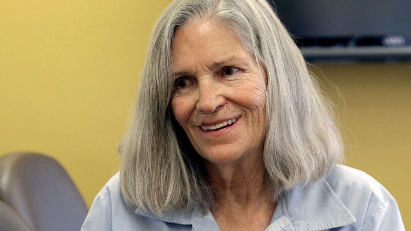 Former Charles Manson follower Leslie Van Houten confers with her attorney, Rich Pfeiffer, not shown, during a break from her hearing before the California Board of Parole Hearings at the California Institution for Women in Chino, Calif., Thursday, April 14, 2016.
