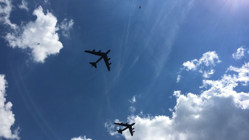 A pair of B-52 Stratofortress bombers, direct from Minot Air Force Base, North Dakota, over the National Museum of the U.S. Air Force Friday. THOMAS GNAU/STAFF