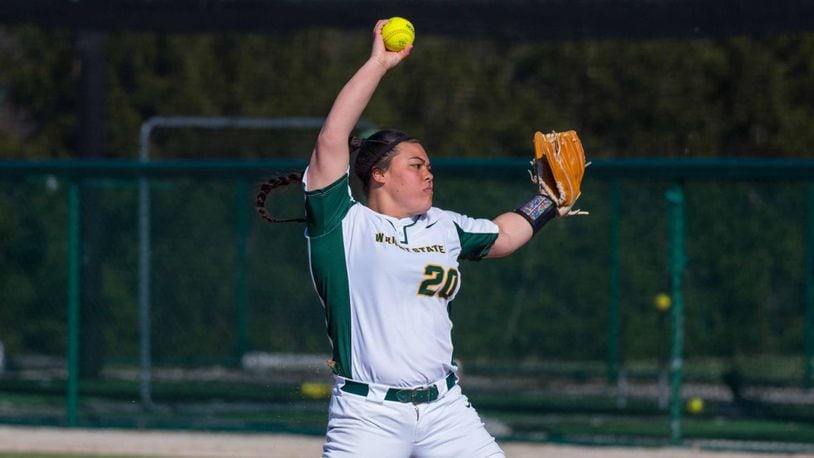 Wright State’s Olivia Otani fires a pitch plateward against Northern Kentucky on April 2, 2019. Joseph Craven/CONTRIBUTED