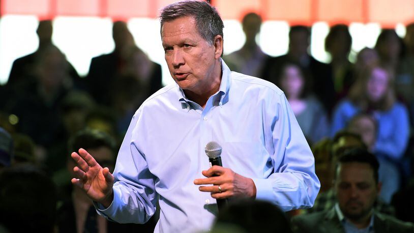 Republican presidential candidate Ohio Gov. John Kasich speaks at a town hall meeting in Portland, Ore., Thursday, April 28 , 2016. (AP Photo/Steve Dykes)