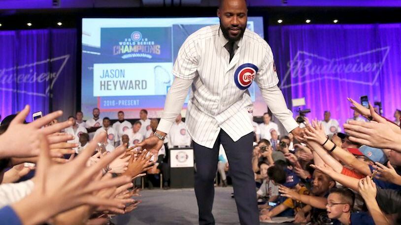 Jayson Hayward is introduced at the Chicago Cubs' annual baseball fan convention Friday, Jan. 13, 2017, in Chicago. (AP Photo/Charles Rex Arbogast)