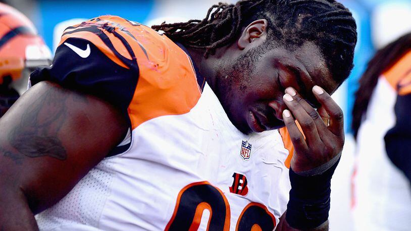 FOXBORO, MA - OCTOBER 16: Pat Sims #92 of the Cincinnati Bengals reacts during the fourth quarter of a game against the New England Patriots at Gillette Stadium on October 16, 2016 in Foxboro, Massachusetts. (Photo by Billie Weiss/Getty Images)