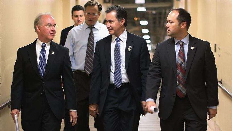 WASHINGTON, DC - OCTOBER 09: Rep. Tom Price (R-GA) (L) and members of the Freedom Caucus (3rd L-R) Rep. Dave Brat (R-VA), Rep. Gary Palmer (R-AL) and Rep. Marlin Stutzman (R-IN) head for a House Republican caucus meeting in the basement of the U.S. Capitol October 9, 2015 in Washington, DC. Speaker of the House John Boehner's (R-OH) plans to retire at the end of October have been thrown into question after Majority Leader Kevin McCarthy (R-CA) announced Thursday he was pulling out of the race for Speaker. (Photo by Chip Somodevilla/Getty Images)