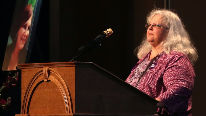 Susan Bro, mother to Heather Heyer, speaks during a memorial for her daughter, at the Paramount Theater on Wednesday.