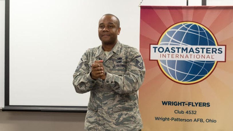 Toastmasters Area Director Master Sgt. Kevin Alexander speaks at a local Toastmasters meeting. Toastmasters is a nonprofit educational organization that can help Airmen improve their public speaking and leadership skills. There are three clubs on Wright-Patterson Air Force Base and 29 in the greater Dayton area. (Courtesy photo)