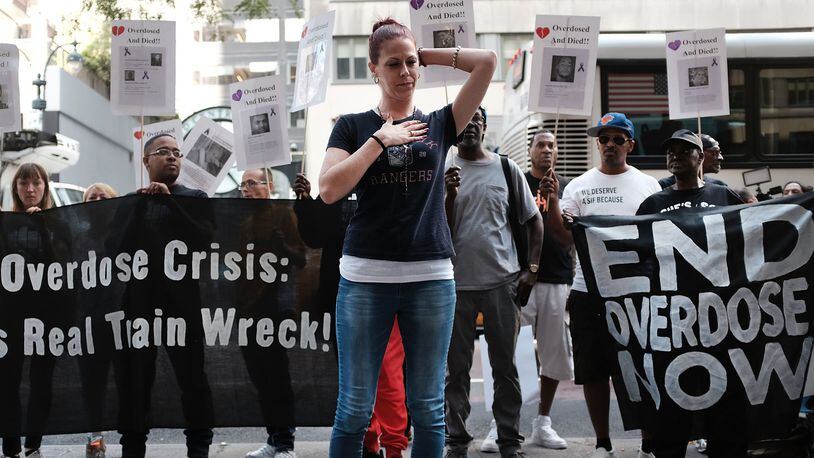 Sarah Wilson joins a morning rally calling for “bolder political action” in combating the overdose epidemic outside of the office of New York Gov. Andrew Cuomo on Aug. 17 in New York City.