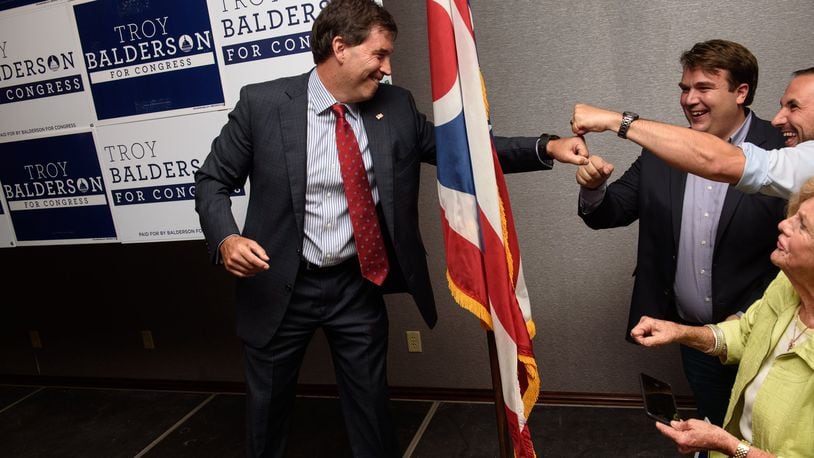 Republican congressional candidate Troy Balderson celebrates after giving his victory speech at his election night party at the DoubleTree by Hilton Hotel on August 7, 2018 in Newark, Ohio. (Photo by Justin Merriman/Getty Images)