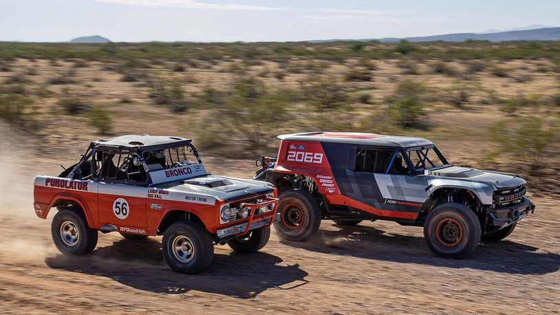Ford’s Bronco R race prototype debuts in the desert to celebrate 50th anniversary of Rod Hall’s historic Baja 1000 win, an overall victory in a 4x4 that’s never been duplicated in 50 years. Ford photo