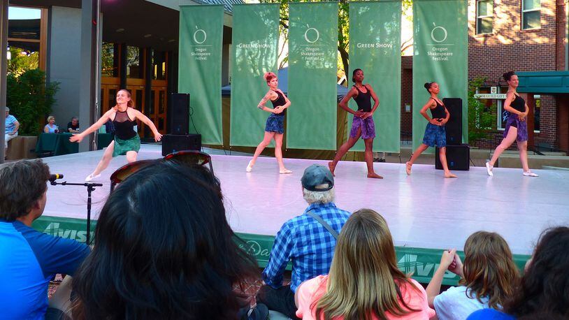 New for 2017 at the Oregon Shakespeare Festival: a larger stage and remodeled seating area for the free Green Show, which features a changing cast of dancers, musicians and other performers six nights a week through Oct. 15. (Brian J. Cantwell/Seattle Times/TNS)