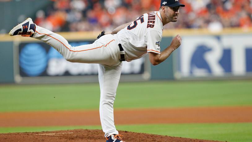 HOUSTON, TEXAS - OCTOBER 04:  Justin Verlander #35 of the Houston Astros delivers a pitch against the Tampa Bay Rays during the fifth inning in game one of the American League Division Series at Minute Maid Park on October 04, 2019 in Houston, Texas. (Photo by Tim Warner/Getty Images)