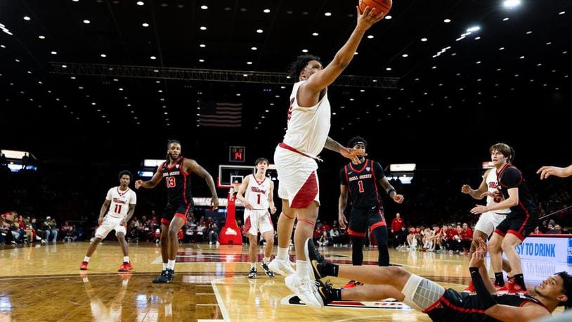 Miami's Anderson Mirambeaux goes up for a shot inside against Ball State during Saturday's game at Millett Hall. Ricardo Trevino/Miami Athletics