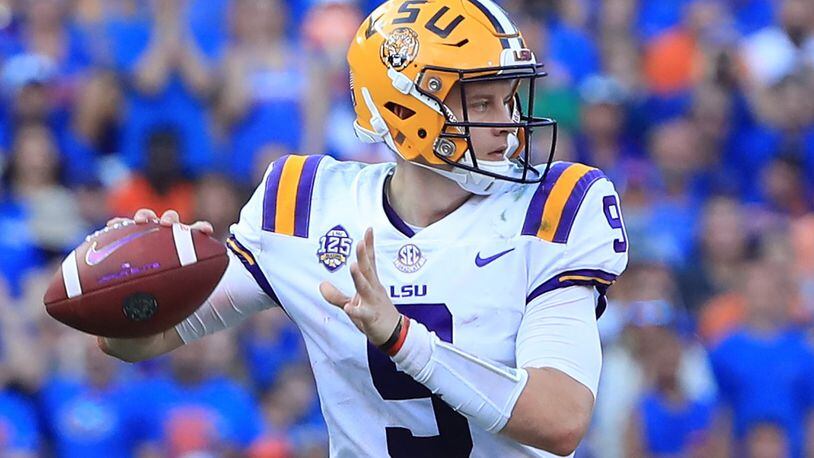 GAINESVILLE, FL - OCTOBER 06: Joe Burrow #9 of the LSU Tigers attempts a pass during the game against the Florida Gators at Ben Hill Griffin Stadium on October 6, 2018 in Gainesville, Florida. (Photo by Sam Greenwood/Getty Images)