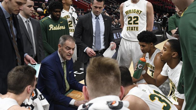 Wright State coach Scott Nagy talks to his team during a timeout against Green Bay March 3, 2018, in the Horizon League tournament at Little Caesar’s Arena in Detroit. Jose Juarez/CONTRIBUTED