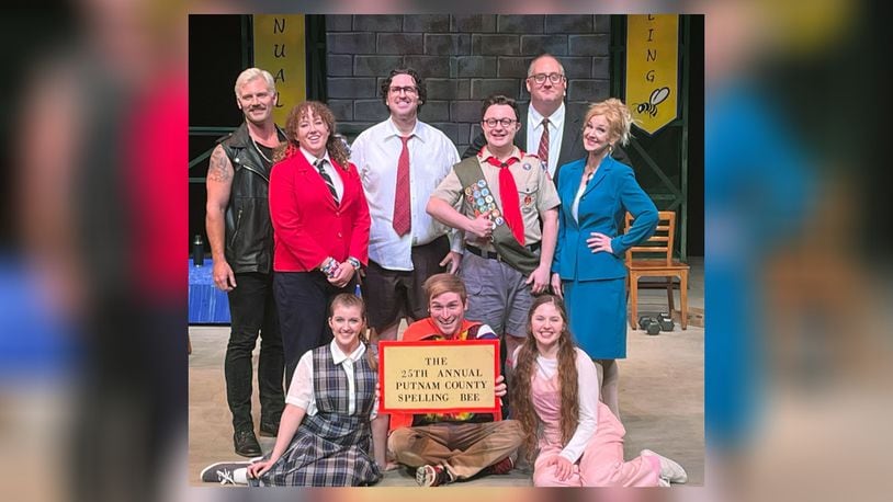 La Comedia Dinner Theatre's production of "The 25th Annual Putnam County Spelling Bee" features: (back row, left to right) Tyler Kirk (Mitch Mahoney), Madeline Nichole (Logainne Schwartzandgrubenierre), Christopher Norton (William Barfee), Kyle Krichbaum (Chip Tolentino), Jason S. Lakes (Vice-Principal Douglas Panch), Karie-Lee Sutherland (Rona Lisa Peretti) (front row, left to right) Allison Gabert (March Park), Jonathan Pendergrass (Leaf Coneybear), and Eva Bower (Olive Ostrovsky).
