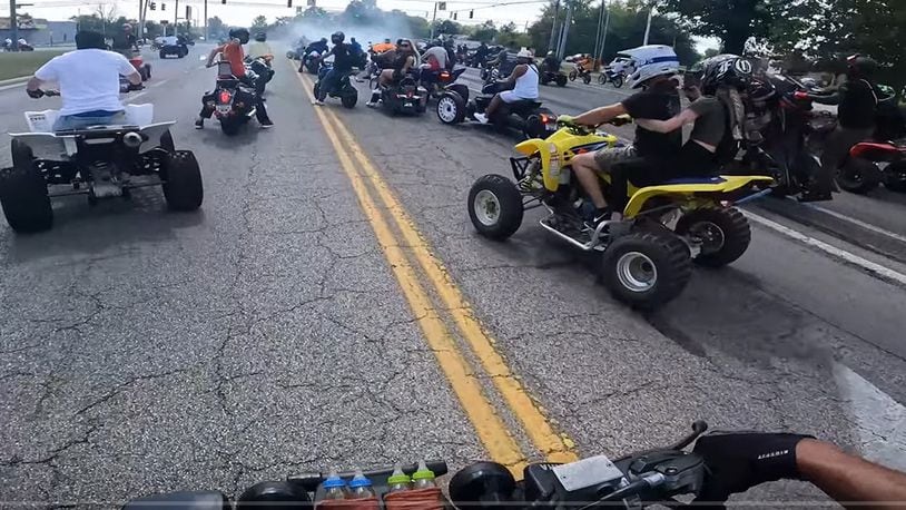 A large pack of ATVS, dirt bikes and motorcycles drove all over Dayton and some other local communities on Sept. 3, 2023. This is an image taken from a YouTube video uploaded by one of the ATV riders. CONTRIBUTED