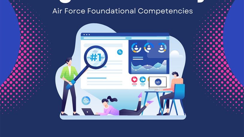 This Air Force Foundational Competencies Digital Literacy graphic defines digital literacy as a person who “uses technology to identify, critically evaluate and synthesize data and information; explore, create and manage digital content; and appropriately interact in a virtual environment,” according to Dr. Laura Barron, industrial/organizational psychologist. U.S. AIR FORCE GRAPHIC/STAFF SGT. KEITH JAMES
