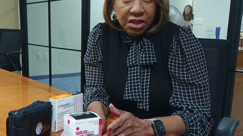 Helen Jones-Kelley, executive director of the Montgomery County Alcohol, Drug Addiction and Mental Health Services, explains the importance of individuals having Narcan on hand to help save anyone who may suffer an accidental drug overdose. SAMANTHA WILDOW\STAFF
