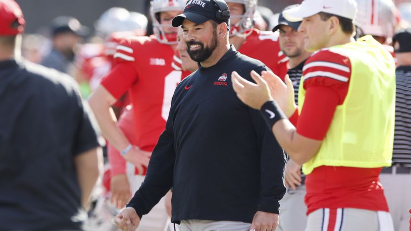 Ohio State head coach Ryan Day reacts after a touchdown against Iowa during the second half of an NCAA college football game Saturday, Oct. 22, 2022, in Columbus, Ohio. (AP Photo/Jay LaPrete)