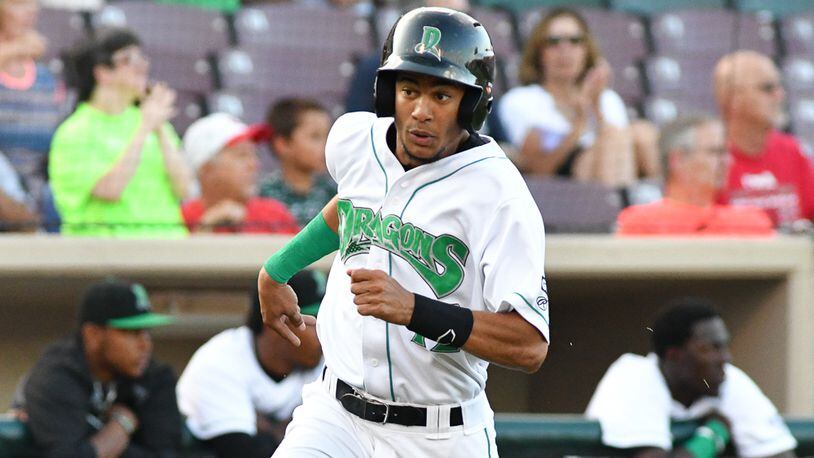 Dragons center fielder Jose Siri runs to home plate during  a game against Burlington on Monday night at Fifth Third Field. Siri has recorded hits in his last 35 games, tying the record for the third-longest streak in Midwest League history.
