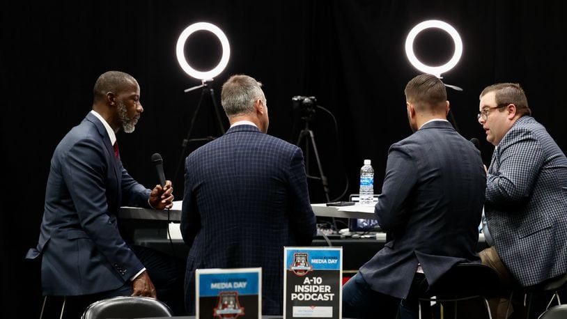 Dayton's Anthony Grant does an interview at Atlantic 10 Conference Media Day on Thursday, Oct. 13, 2022, at the Barclays Center in Brooklyn, N.Y. David Jablonski/Staff