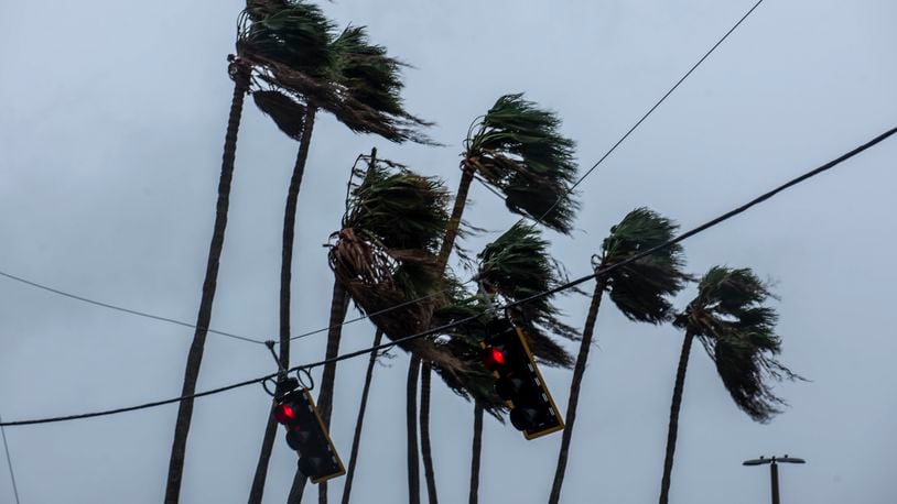 Palm trees sway in high winds as Hurricane Ian makes landfall in southwest Florida, Sept. 28, 2022. NYTSTORM.[Filed with Beam. ID: Ev3Ypdbc4x0x4SDMlLGj.].NYTCREDIT: Johnny Milano for The New York Times