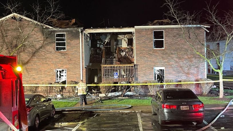 A fire damaged eight units and displaced at least 15 residents Sunday night, March 17, 2024, at the Emerald Edge Apartments off East Second Street in Franklin. WCPO