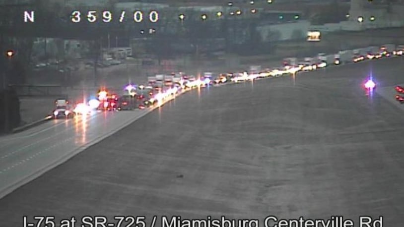 Southbound Interstate 75 closes near state route 725 due a three-vehicle crash on Wednesday, March 9, 2022. Photo courtesy the Ohio Department of Transportation.