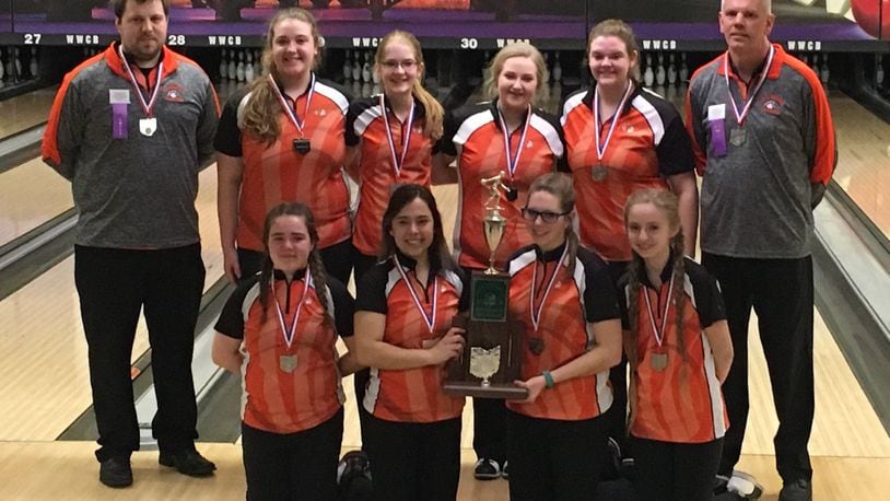 The state runner-up girls bowling team from Coldwater. Front row: Alison Fox, Emily Fortener, Emily Forsthoefel, Sarah Brunswick. Back row: Coach Wes Stienecker, Lauren Wenning, Emily Sudhoff, Rachel Miller, Amanda Melhouse, Coach Rick Hartings. CONTRIBUTED