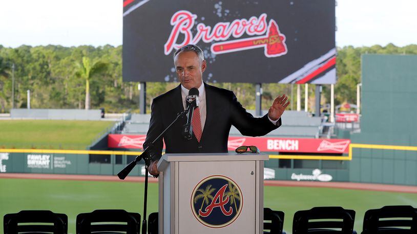 MLB commissioner Rob Manfred takes questions about the Houston Astros while holding his press conference at Braves spring training in February. (Curtis Compton/ccompton@ajc.com)