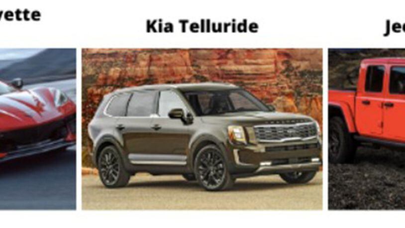 The Chevrolet Corvette Stingray, Kia Telluride and Jeep Gladiator winners of the 2020 North American Car, Utility Vehicle and Truck of the Year (NACTOY) awards may be part of the 2020 Dayton Auto Show, Feb. 20-23 at the Dayton Convention Center. Contributed photo