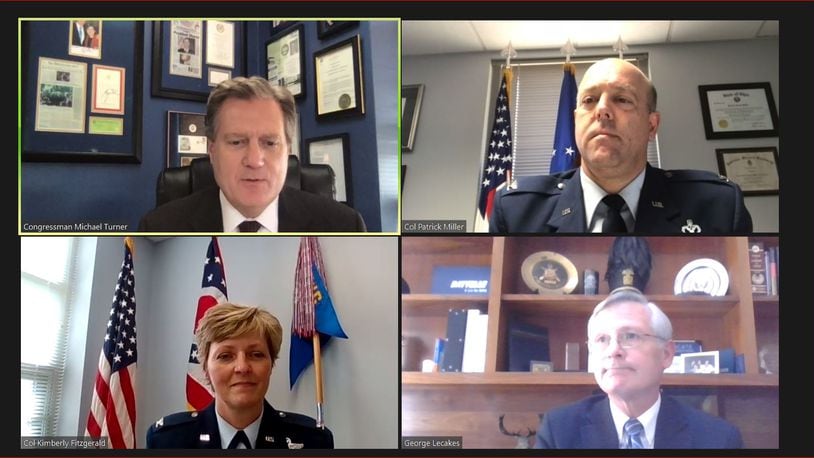 A panel moderated by U.S. Rep. Mike Turner, at the Ohio Defense and Aerospace Forum last month. Clockwise from left are Turner; Col Patrick Miller,  88th Air Base Wing commander, Wright Patterson AFB; George Lecakes, vice president and general manager, national security, Battelle; and Col Kimberly Fitzgerald, 178th Wing commander, Springfield Air National Guard Base