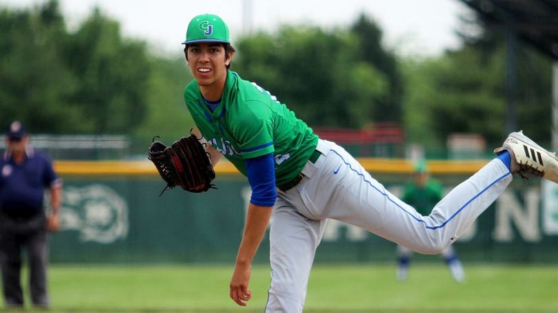 Chaminade Julienne lefty Sebastian Gongora delivers a pitch Sunday during the Eagles’ 6-0 win over Ross in a Division II regional baseball final at Mason. MIKE HARTSOCK/STAFF