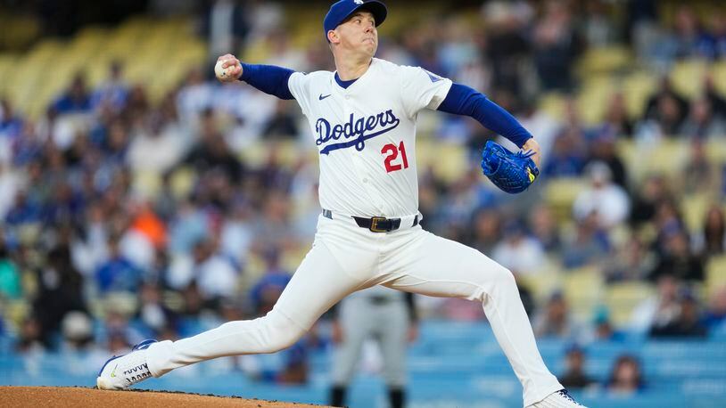 Los Angeles Dodgers starting pitcher Walker Buehler throws during the first inning of a baseball game against the Miami Marlins in Los Angeles, Monday, May 6, 2024. (AP Photo/Ashley Landis)