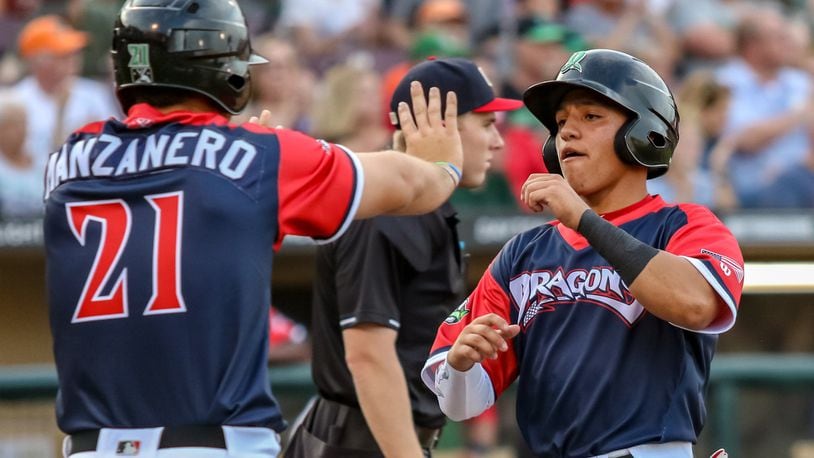 Dayton Dragons outfielder Brian Rey celebrates with Pabel Manzanero after both scored a run against the Bowling Green Hot Rods earlier this season at Fifth Third Field. The Dragons won 4-2. CONTRIBUTED PHOTO BY MICHAEL COOPER