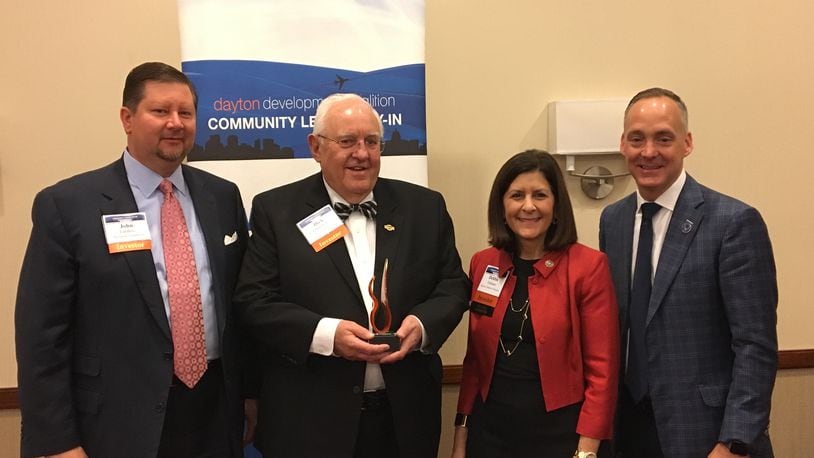 Mayor Church (second from the left) with (left to right) DDC Board of Trustees Chair John Landess, DDC Trustee Deborah Feldman, and DDC President and CEO Jeff Hoagland.