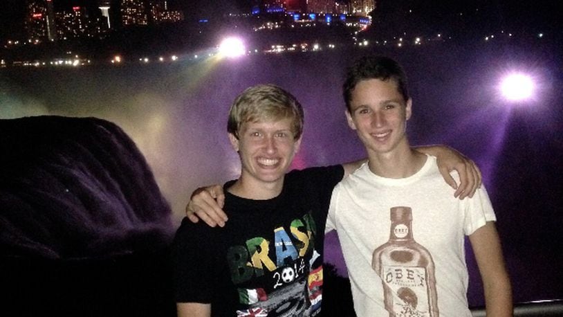 Foreign exchange students Walker Berwald (left) of Oakwood and Paul Chezeaud of Le Vesinet, France, are good friends. They are pictured on the American side of Niagara Falls, in New York. CONTRIBUTED