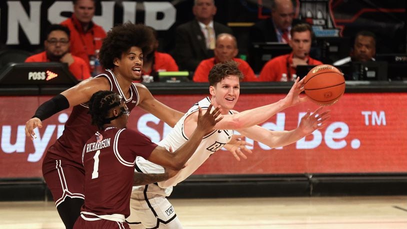 Virginia Commonwealth's Sean Bairstow is trapped by Fordham in the second half of an Atlantic 10 Conference second-round game on Wednesday, March 13, 2024, at the Barclays Center in Brooklyn, N.Y. David Jablonski/Staff