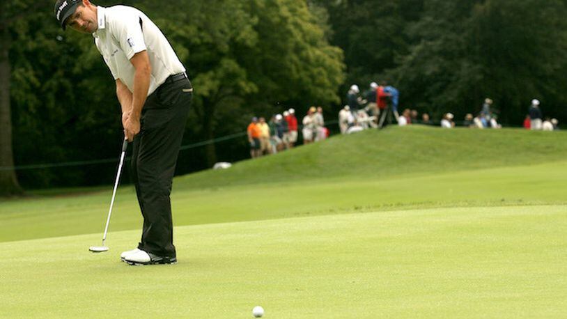 Padraig Harrington putts on the first hole during the first round of the BMW Championship PGA golf tournament at Bellerive Country Club in St. Louis, Mo., on Sept. 5, 2008. (Laurie Skrivan/St. Louis Post-Dispatch/TNS)
