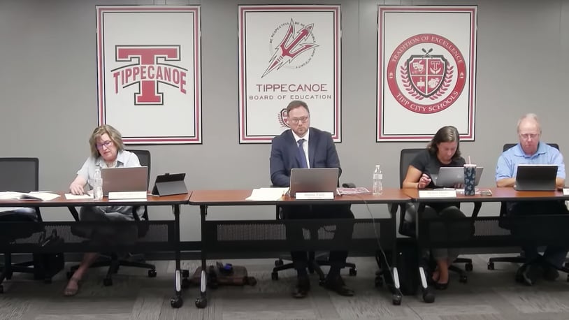 The Tipp City school board is shown at a 2023 regular meeting in an image from YouTube video.