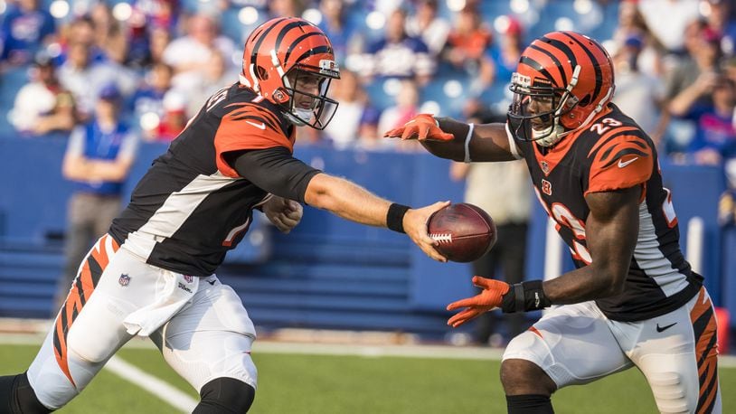 ORCHARD PARK, NY - AUGUST 26: Matt Barkley #7 hands the ball off to Brian Hill #23 of the Cincinnati Bengals during the second half against the Buffalo Bills during a preseason game at New Era Field on August 26, 2018 in Orchard Park, New York. Cincinnati defeats Buffalo 26-13 in the preseason matchup. (Photo by Brett Carlsen/Getty Images)