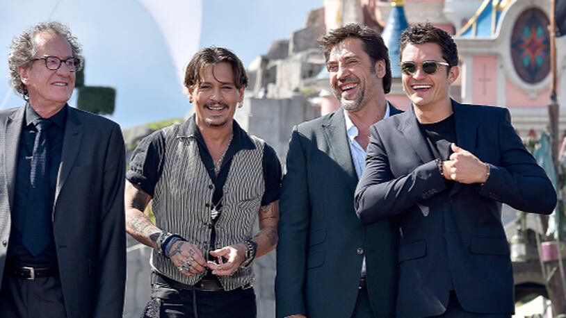 PARIS, FRANCE - MAY 14: Geoffrey Rush, Johnny Depp, Javier Bardem and Orlando Bloom attend the European Premiere to celebrate the release of Disney's Pirates of the Caribbean: Salazar's Revenge at Disneyland Paris on May 14, 2017 in Paris, France.  (Photo by Kristy Sparow/Getty Images for Disney)