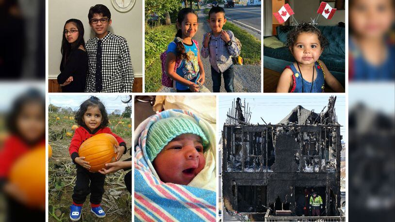 A Syrian couple who sought refuge for their family in Nova Scotia in September 2017 lost all seven of their children, including their Canadian-born infant, in a fire that broke out at their home, pictured at far bottom right, early Sunday, Feb. 17, 2019, in the Spryfield community of Halifax. Pictured in undated photos, according to the family’s imam, are, top row from left, Rola Barho, 12; Ahmed Barho, 14; Ghala Barho, 8; Mohammed Barho, 9; and Rana Barho, 3; bottom row from left, Hala Barho, 4, and Abdullah Barho, 4 months. The children’s parents, Ebraheim and Kawthar Barho, survived the fire, but Ebraheim Barho suffered life-threatening injuries when he went back into the burning home in an attempt to save the children.