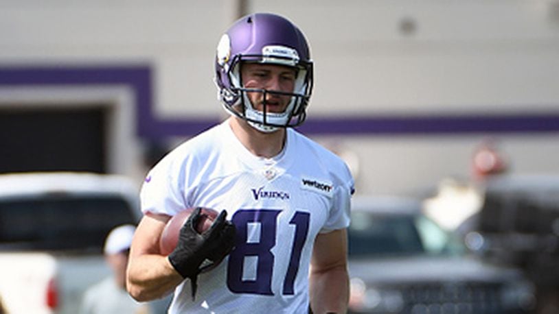 EDEN PRAIRIE, MN - JUNE 14: Minnesota Vikings wide receiver Moritz Boehringer (81) runs with the ball after the catch during Minnesota Vikings Minicamp on June 14, 2017 at Winter Park in Eden Prairie, MN. (Photo by Nick Wosika/Icon Sportswire via Getty Images)