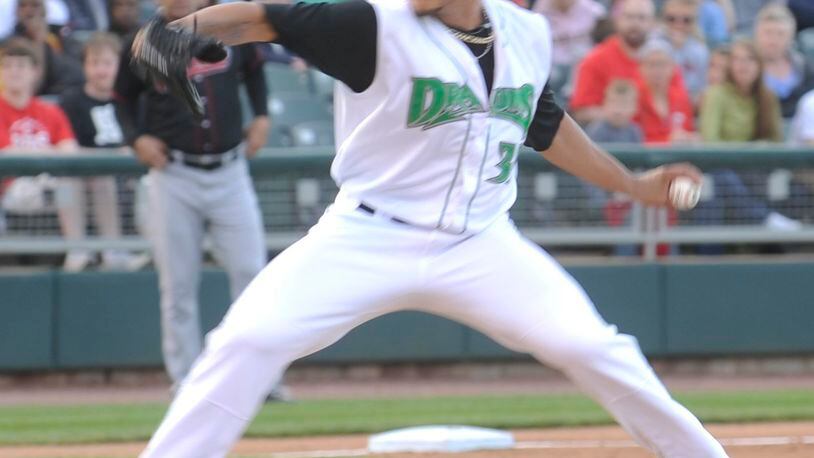 Dragons starting pitcher Ismael Guillon delivers. The Dayton Dragons hosted the Great Lakes (Mich.) Loons (Dodgers) at Fifth Third Field on Monday, May 19, 2014. MARC PENDLETON / STAFF