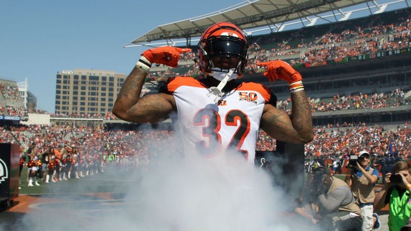 CINCINNATI, OH - SEPTEMBER 10: Jeremy Hill #32 of the Cincinnati Bengals is introduced to the crowd prior to the start of the game against the Baltimore Ravens at Paul Brown Stadium on September 10, 2017 in Cincinnati, Ohio. (Photo by John Grieshop/Getty Images)
