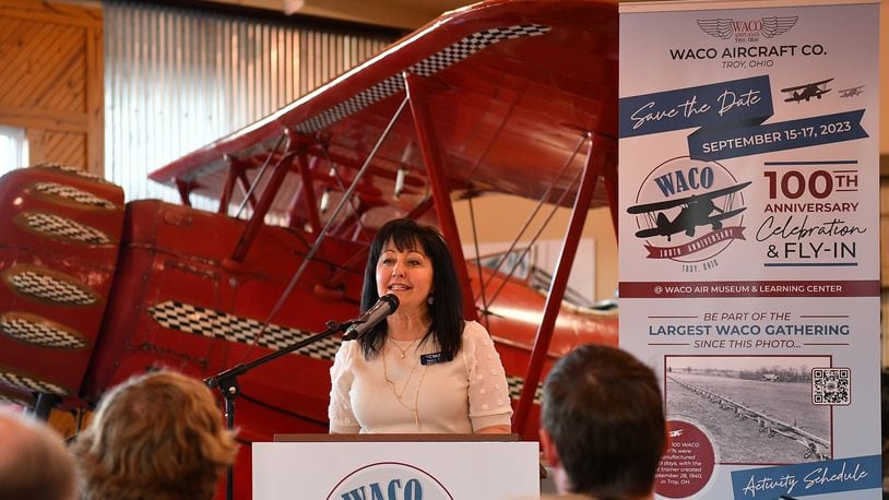 Nancy Royer of the WACO Museum and Aviation Learning Center in Troy talks about the 100th anniversary celebration and fly-in planned for Sept. 15-17, 2023. CONTRIBUTED PHOTO